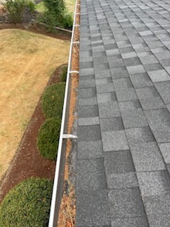 A clean gutter line and shingle roof after service
